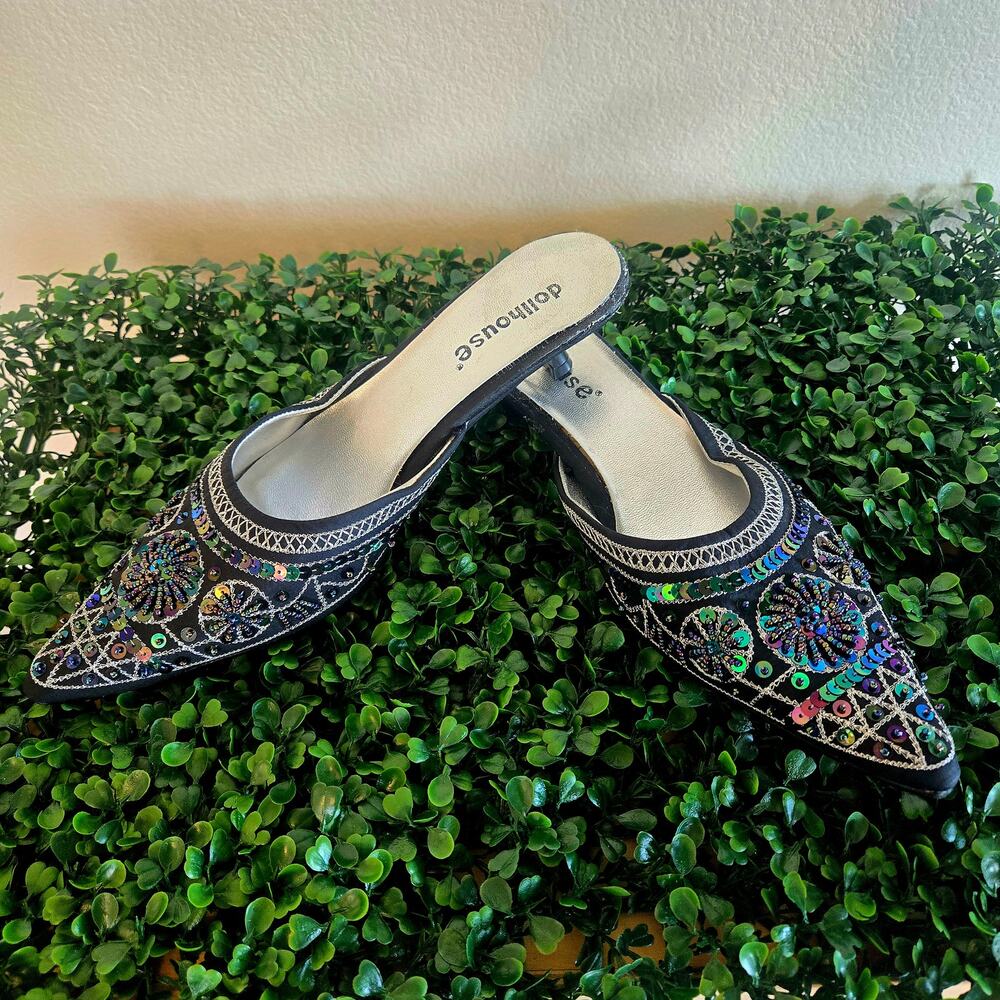 Vintage Embellished sequin and embroidery kitten mule with pointed toe Y2K
